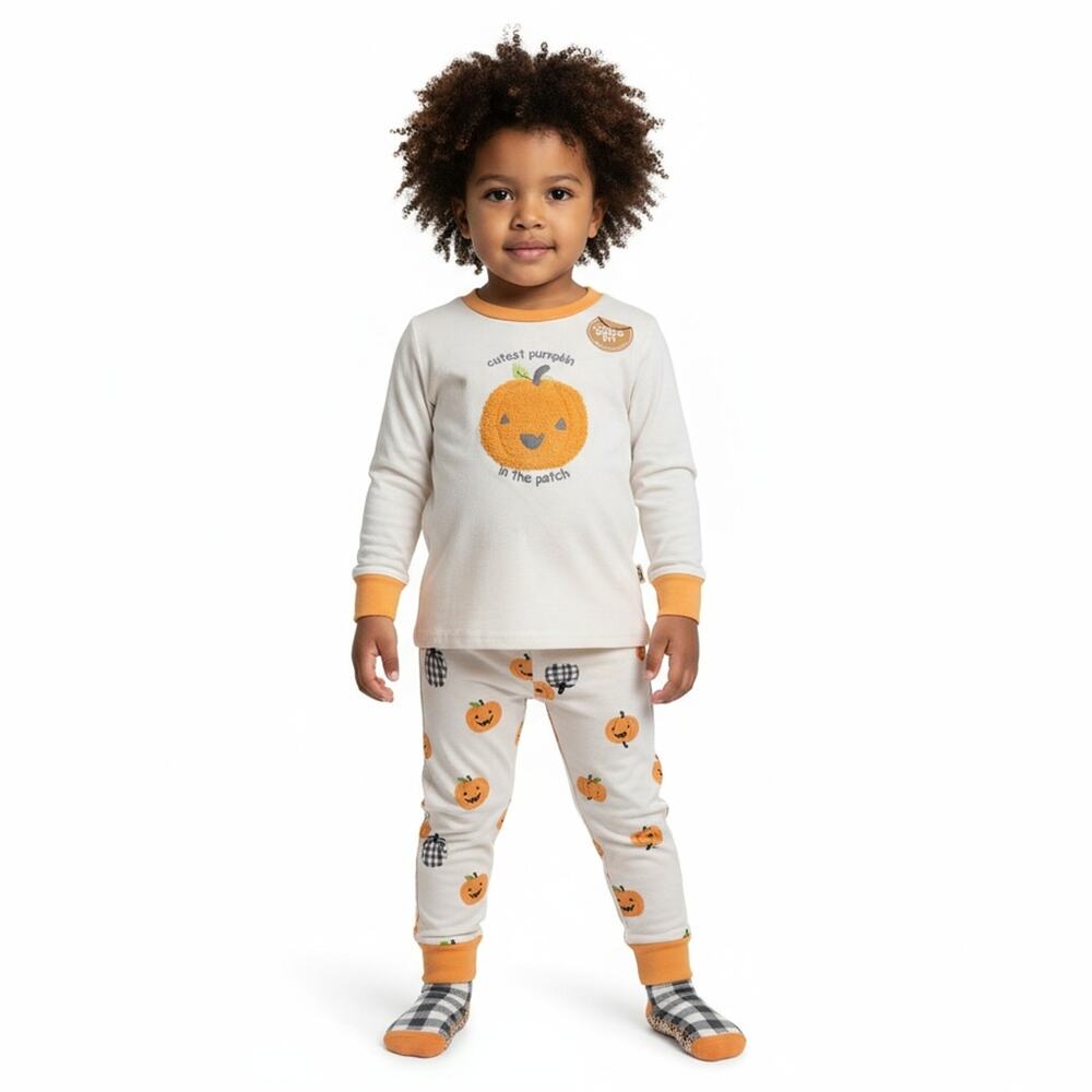 Rabbit Bear Organic Pumpkin Plaid 3 Piece Snug Fit Pajama Set Size 2T